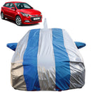 Autofact Elite I20 Car Cover - FlexGuard - Waterproof Car Body Cover for Hyundai Elite I20 - With Mirror & Antenna Pockets, Triple Stitched, Bottom Fully Elastic, Adjustable Belt and Buckle (Silver / Blue Stripes)