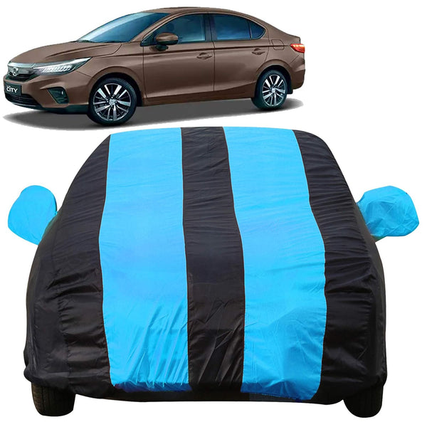 Autofact New City Car Cover - EasyShield - Car Body Cover for Honda New City - With Mirror Pockets, Triple Stitched, Bottom Fully Elastic, Adjustable Belt and Buckle (Teak Blue Stripes)