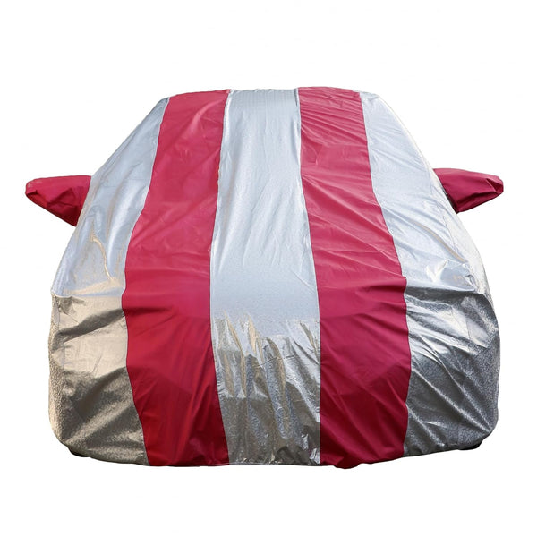 Autofact A4 Car Cover - FlexGuard - Waterproof Car Body Cover for Audi A4 - With Mirror Pockets, Triple Stitched, Bottom Fully Elastic, Adjustable Belt and Buckle (Silver / Pink Stripes)