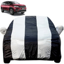 Autofact Meridian Car Cover - EasyShield - Car Body Cover for Jeep Meridian - With Mirror Pockets, Triple Stitched, Bottom Fully Elastic, Adjustable Belt and Buckle (White Blue Stripes)