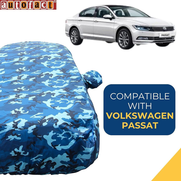 Autofact Passat Car Cover - TearTough - Dog Proof / Waterproof Car Body Cover for Volkswagen Passat - With Mirror Pockets, Triple Stitched, Bottom Fully Elastic, Adjustable Belt and Buckle (Airforce Blue 4x4)