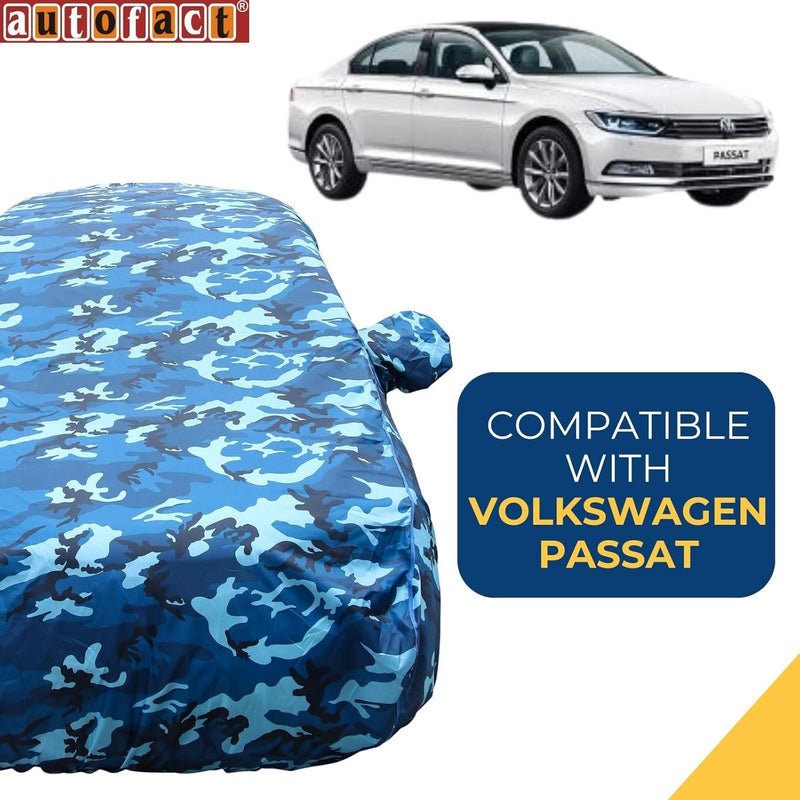 Autofact Passat Car Cover - TearTough - Dog Proof / Waterproof Car Body Cover for Volkswagen Passat - With Mirror Pockets, Triple Stitched, Bottom Fully Elastic, Adjustable Belt and Buckle (Airforce Blue 4x4)