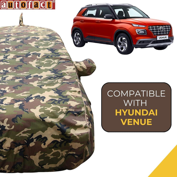 Autofact Venue Car Cover - TearTough - Dog Proof / Waterproof Car Body Cover for Hyundai Venue - With Mirror & Antenna Pockets, Triple Stitched, Bottom Fully Elastic, Adjustable Belt and Buckle (Jungle Print 4x4)