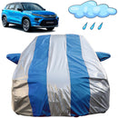 Autofact Urban Cruiser Hyryder Car Cover - FlexGuard - Waterproof Car Body Cover for Toyota Urban Cruiser Hyryder - With Mirror Pockets, Triple Stitched, Bottom Fully Elastic, Adjustable Belt and Buckle (Silver / Blue Stripes)
