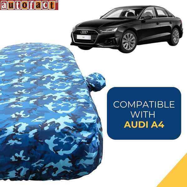 Autofact A4 Car Cover - TearTough - Dog Proof / Waterproof Car Body Cover for Audi A4 - With Mirror Pockets, Triple Stitched, Bottom Fully Elastic, Adjustable Belt and Buckle (Airforce Blue 4x4)