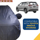 Autofact Innova Hycross Car Cover - CoreProtect - Water Resistant Car Body Cover for Toyota Innova Hycross - With Mirror Pockets, Triple Stitched, Bottom Fully Elastic, Adjustable Belt and Buckle (Grey 210D)
