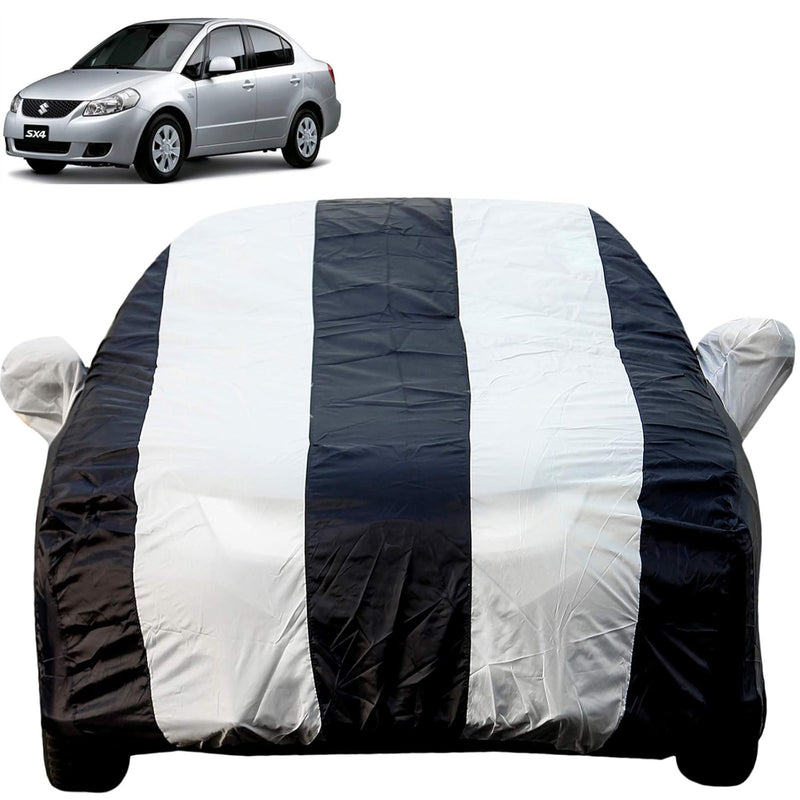 Autofact SX4 Car Cover - EasyShield - Car Body Cover for Maruti SX4 - With Mirror Pockets, Triple Stitched, Bottom Fully Elastic, Adjustable Belt and Buckle (White Blue Stripes)