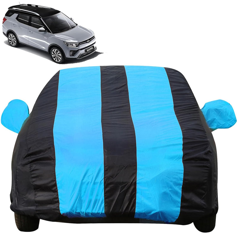 Autofact XUV 400 Car Cover - EasyShield - Car Body Cover for Mahindra XUV 400 - With Mirror Pockets, Triple Stitched, Bottom Fully Elastic, Adjustable Belt and Buckle (Teak Blue Stripes)