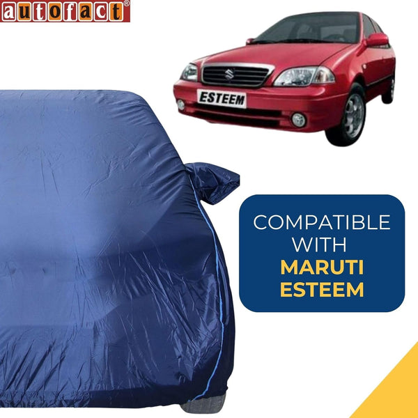 Autofact Esteem Car Cover - CoreProtect - Water Resistant Car Body Cover for Maruti Esteem - With Mirror Pockets, Triple Stitched, Bottom Fully Elastic, Adjustable Belt and Buckle (Navy 210D)