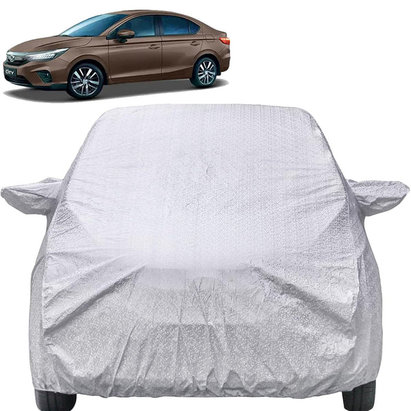 Autofact New City Car Cover - FlexGuard - Waterproof Car Body Cover for Honda New City - With Mirror Pockets, Triple Stitched, Bottom Fully Elastic, Adjustable Belt and Buckle (Silver)