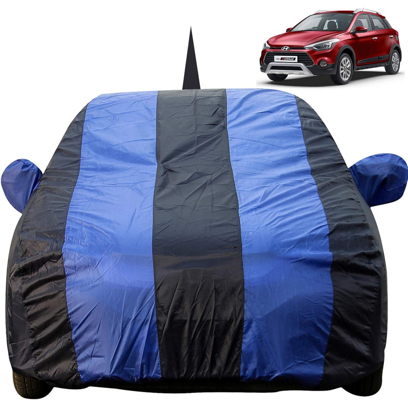 Autofact i20 Active Car Cover - EasyShield - Car Body Cover for Hyundai i20 Active - With Mirror Pockets, Triple Stitched, Bottom Fully Elastic, Adjustable Belt and Buckle (Royal Blue Stripes)