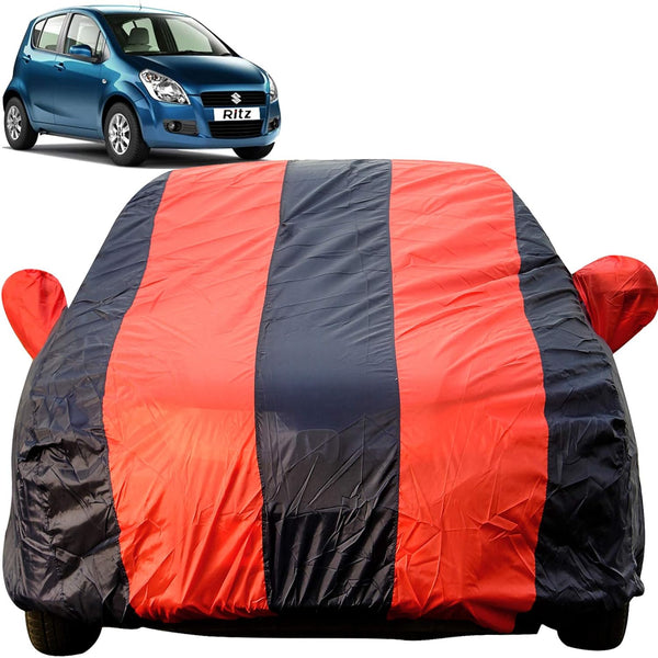Autofact Ritz Car Cover - EasyShield - Car Body Cover for Maruti Ritz - With Mirror Pockets, Triple Stitched, Bottom Fully Elastic, Adjustable Belt and Buckle (Red Blue Stripes)