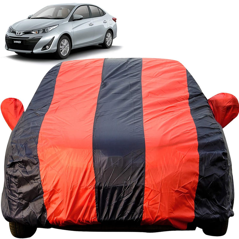 Autofact Yaris Car Cover - EasyShield - Car Body Cover for Toyota Yaris - With Mirror Pockets, Triple Stitched, Bottom Fully Elastic, Adjustable Belt and Buckle (Red Blue Stripes)