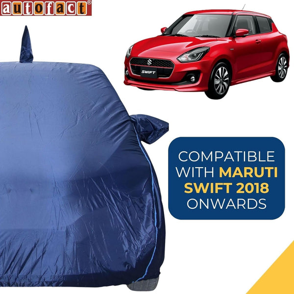 Autofact Swift Car Cover - CoreProtect - Water Resistant Car Body Cover for Maruti Swift - With Mirror & Antenna Pockets, Triple Stitched, Bottom Fully Elastic, Adjustable Belt and Buckle (Navy 210D)