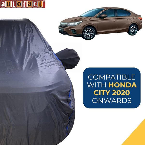 Autofact New City Car Cover - CoreProtect - Water Resistant Car Body Cover for Honda New City - With Mirror Pockets, Triple Stitched, Bottom Fully Elastic, Adjustable Belt and Buckle (Grey 210D)
