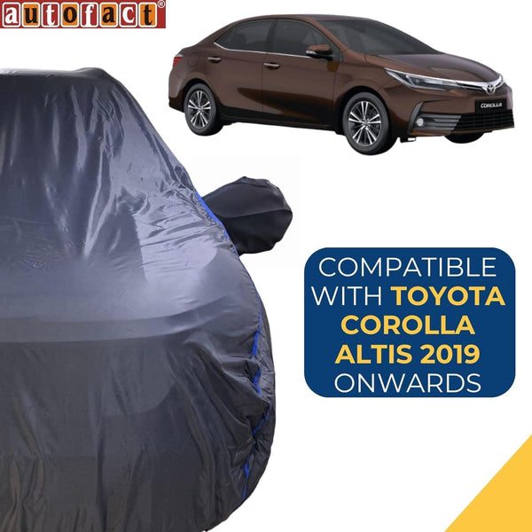 Autofact Corolla Altis Car Cover - CoreProtect - Water Resistant Car Body Cover for Toyota Corolla Altis - With Mirror Pockets, Triple Stitched, Bottom Fully Elastic, Adjustable Belt and Buckle (Grey 210D)