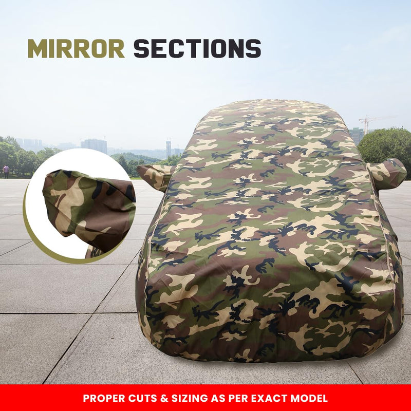 Autofact Enjoy Car Cover - TearTough - Dog Proof / Waterproof Car Body Cover for Chevrolet Enjoy - With Mirror Pockets, Triple Stitched, Bottom Fully Elastic, Adjustable Belt and Buckle (Jungle Print 4x4)