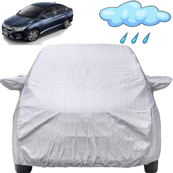Autofact City Idtech Car Cover - FlexGuard - Waterproof Car Body Cover for Honda City Idtech - With Mirror Pockets, Triple Stitched, Bottom Fully Elastic, Adjustable Belt and Buckle (Silver)
