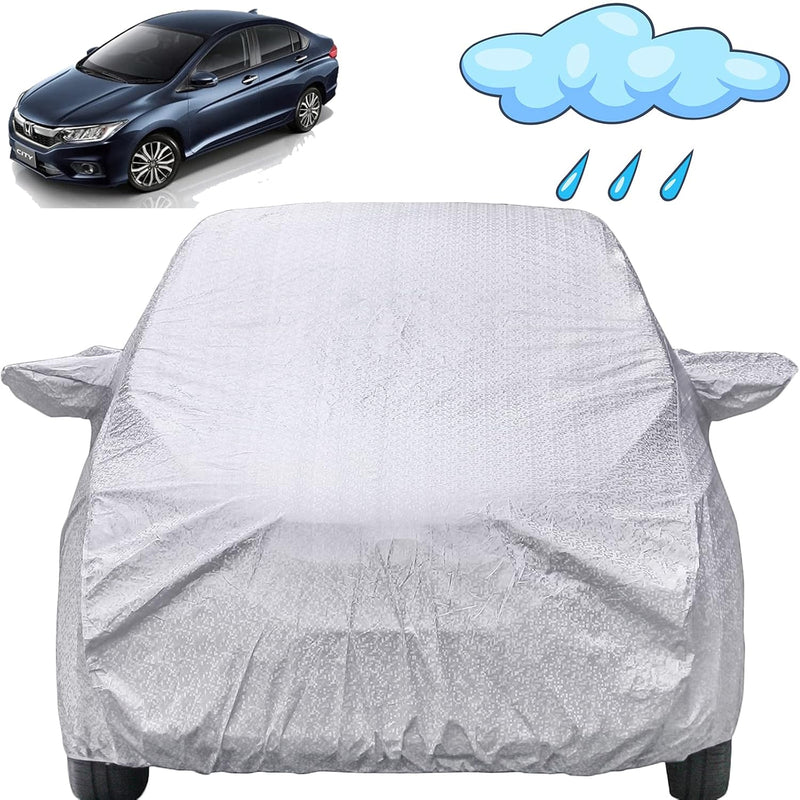 Autofact City Idtech Car Cover - FlexGuard - Waterproof Car Body Cover for Honda City Idtech - With Mirror Pockets, Triple Stitched, Bottom Fully Elastic, Adjustable Belt and Buckle (Silver)