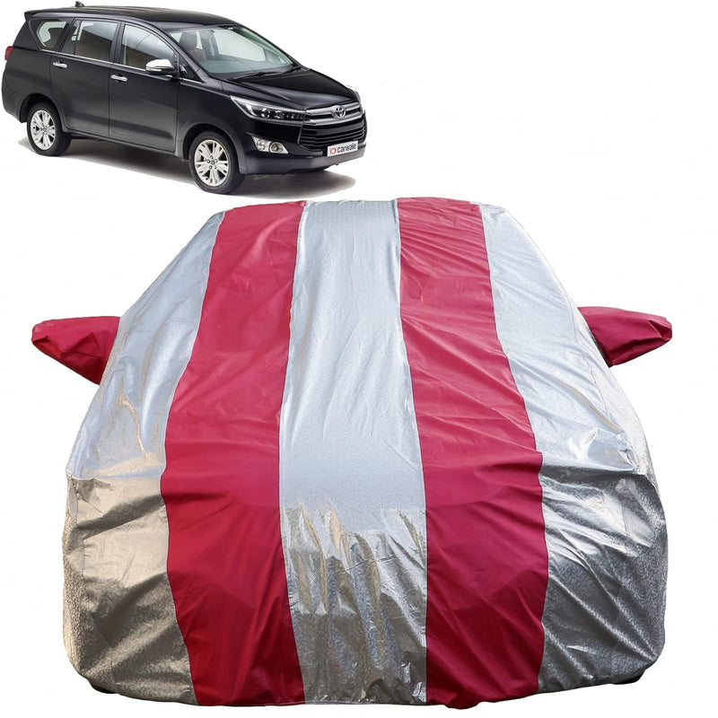 Autofact Innova Crysta Car Cover - FlexGuard - Waterproof Car Body Cover for Toyota Innova Crysta - With Mirror Pockets, Triple Stitched, Bottom Fully Elastic, Adjustable Belt and Buckle (Silver / Pink Stripes)