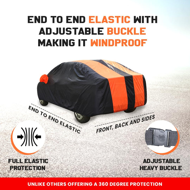 Autofact Scorpio Car Cover - EasyShield - Car Body Cover for Mahindra Scorpio - With Mirror Pockets, Triple Stitched, Bottom Fully Elastic, Adjustable Belt and Buckle (Orange Blue Stripes)