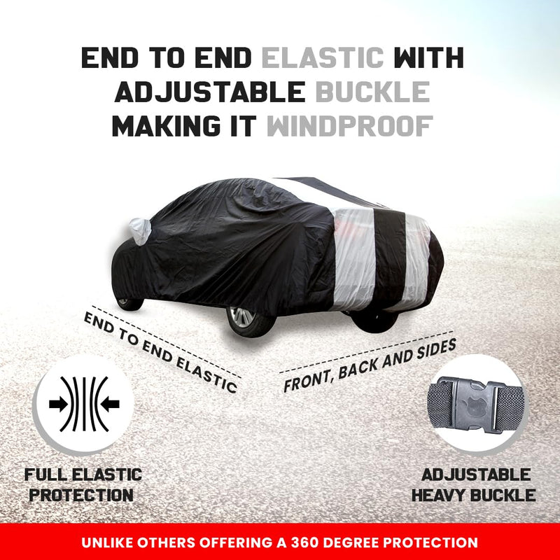 Autofact Scorpio Car Cover - EasyShield - Car Body Cover for Mahindra Scorpio - With Mirror Pockets, Triple Stitched, Bottom Fully Elastic, Adjustable Belt and Buckle (White Blue Stripes)