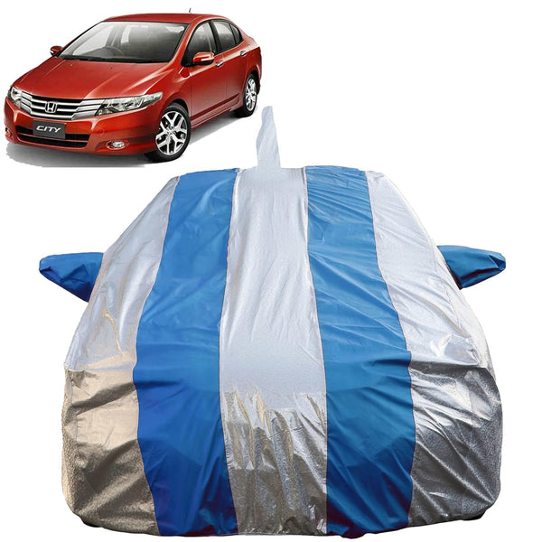 Autofact City Ivtech Car Cover - FlexGuard - Waterproof Car Body Cover for Honda City Ivtech - With Mirror & Antenna Pockets, Triple Stitched, Bottom Fully Elastic, Adjustable Belt and Buckle (Silver / Blue Stripes)