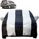 Autofact Innova Crysta Car Cover - EasyShield - Car Body Cover for Toyota Innova Crysta - With Mirror Pockets, Triple Stitched, Bottom Fully Elastic, Adjustable Belt and Buckle (White Blue Stripes)
