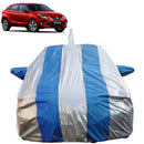 Autofact Glanza Car Cover - FlexGuard - Waterproof Car Body Cover for Toyota Glanza - With Mirror & Antenna Pockets, Triple Stitched, Bottom Fully Elastic, Adjustable Belt and Buckle (Silver / Blue Stripes)
