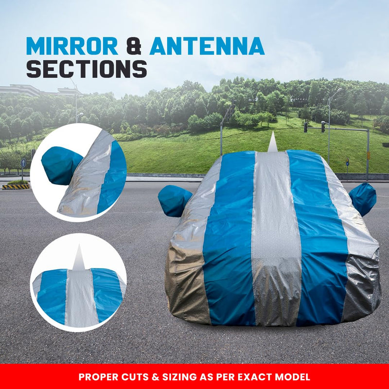 Autofact Swift Car Cover - FlexGuard - Waterproof Car Body Cover for Maruti Swift - With Mirror & Antenna Pockets, Triple Stitched, Bottom Fully Elastic, Adjustable Belt and Buckle (Silver / Blue Stripes)