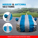 Autofact Rapid Car Cover - FlexGuard - Waterproof Car Body Cover for Skoda Rapid - With Mirror & Antenna Pockets, Triple Stitched, Bottom Fully Elastic, Adjustable Belt and Buckle (Silver / Blue Stripes)