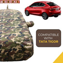 Autofact Tigor Car Cover - TearTough - Dog Proof / Waterproof Car Body Cover for Tata Tigor - With Mirror & Antenna Pockets, Triple Stitched, Bottom Fully Elastic, Adjustable Belt and Buckle (Jungle Print 4x4)