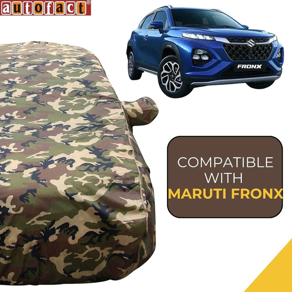 Autofact Fronx Car Cover - TearTough - Dog Proof / Waterproof Car Body Cover for Maruti Fronx - With Mirror Pockets, Triple Stitched, Bottom Fully Elastic, Adjustable Belt and Buckle (Jungle Print 4x4)