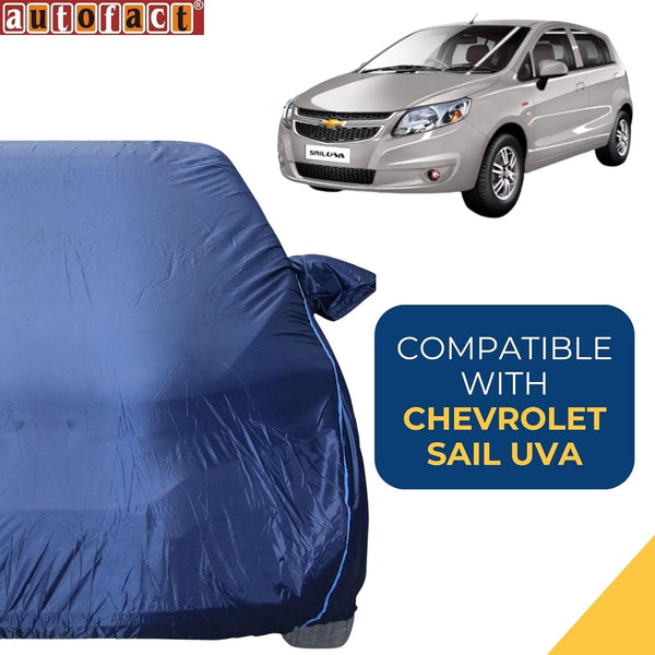 Autofact Sail UVA Car Cover - CoreProtect - Water Resistant Car Body Cover for Chevrolet Sail UVA - With Mirror Pockets, Triple Stitched, Bottom Fully Elastic, Adjustable Belt and Buckle (Navy 210D)