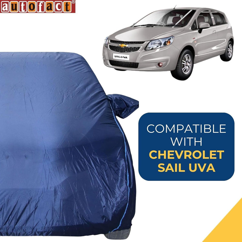 Autofact Sail UVA Car Cover - CoreProtect - Water Resistant Car Body Cover for Chevrolet Sail UVA - With Mirror Pockets, Triple Stitched, Bottom Fully Elastic, Adjustable Belt and Buckle (Navy 210D)