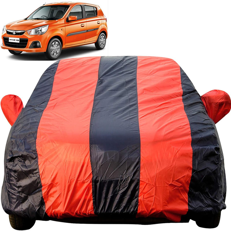 Autofact Alto K10 Old Model Car Cover - EasyShield - Car Body Cover for Maruti Alto K10 Old Model - With Mirror Pockets, Triple Stitched, Bottom Fully Elastic, Adjustable Belt and Buckle (Red Blue Stripes)
