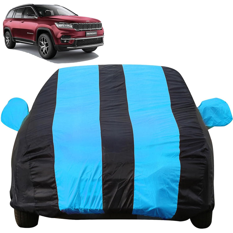 Autofact Meridian Car Cover - EasyShield - Car Body Cover for Jeep Meridian - With Mirror Pockets, Triple Stitched, Bottom Fully Elastic, Adjustable Belt and Buckle (Teak Blue Stripes)