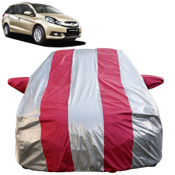 Autofact Mobilio Car Cover - FlexGuard - Waterproof Car Body Cover for Honda Mobilio - With Mirror Pockets, Triple Stitched, Bottom Fully Elastic, Adjustable Belt and Buckle (Silver / Pink Stripes)