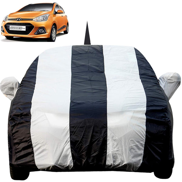 Autofact Grand I10 Car Cover - EasyShield - Car Body Cover for Hyundai Grand I10 - With Mirror Pockets, Triple Stitched, Bottom Fully Elastic, Adjustable Belt and Buckle (White Blue Stripes)