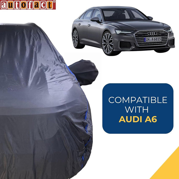 Autofact A6 Car Cover - CoreProtect - Water Resistant Car Body Cover for Audi A6 - With Mirror Pockets, Triple Stitched, Bottom Fully Elastic, Adjustable Belt and Buckle (Grey 210D)