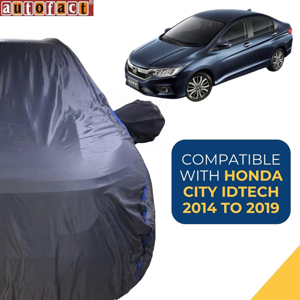 Autofact City Idtech Car Cover - CoreProtect - Water Resistant Car Body Cover for Honda City Idtech - With Mirror Pockets, Triple Stitched, Bottom Fully Elastic, Adjustable Belt and Buckle (Grey 210D)