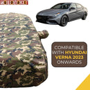 Autofact New Verna Car Cover - TearTough - Dog Proof / Waterproof Car Body Cover for Hyundai New Verna - With Mirror Pockets, Triple Stitched, Bottom Fully Elastic, Adjustable Belt and Buckle (Jungle Print 4x4)
