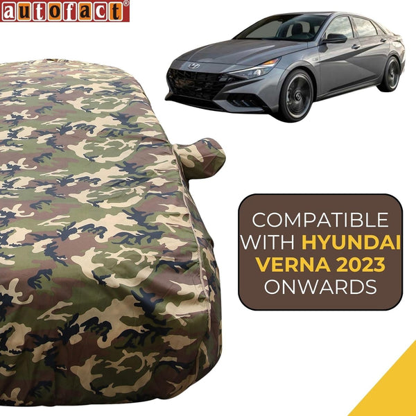 Autofact New Verna Car Cover - TearTough - Dog Proof / Waterproof Car Body Cover for Hyundai New Verna - With Mirror Pockets, Triple Stitched, Bottom Fully Elastic, Adjustable Belt and Buckle (Jungle Print 4x4)