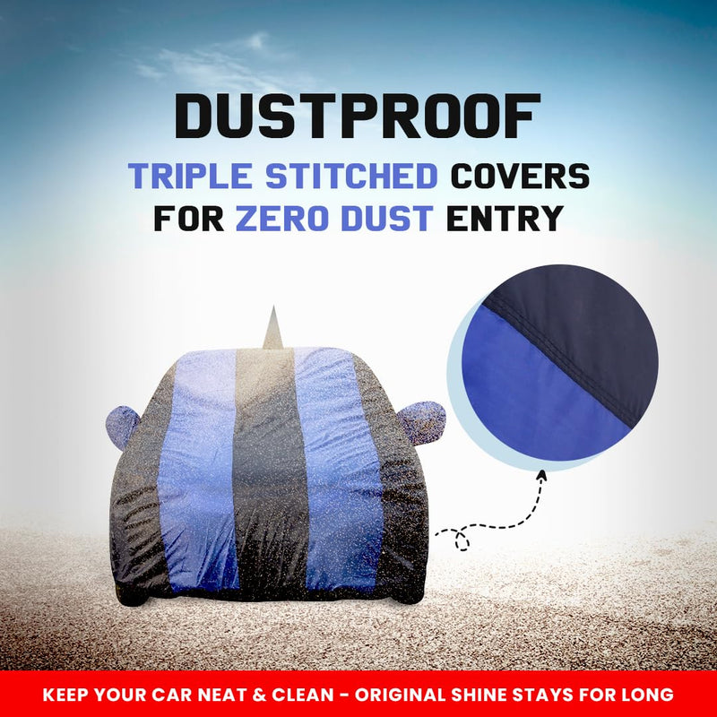 Autofact Swift Car Cover - EasyShield - Car Body Cover for Maruti Swift - With Mirror Pockets, Triple Stitched, Bottom Fully Elastic, Adjustable Belt and Buckle (Royal Blue Stripes)