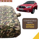 Autofact Esteem Car Cover - TearTough - Dog Proof / Waterproof Car Body Cover for Maruti Esteem - With Mirror Pockets, Triple Stitched, Bottom Fully Elastic, Adjustable Belt and Buckle (Jungle Print 4x4)