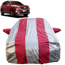 Autofact Hector Car Cover - FlexGuard - Waterproof Car Body Cover for MG Hector - With Mirror Pockets, Triple Stitched, Bottom Fully Elastic, Adjustable Belt and Buckle (Silver / Pink Stripes)