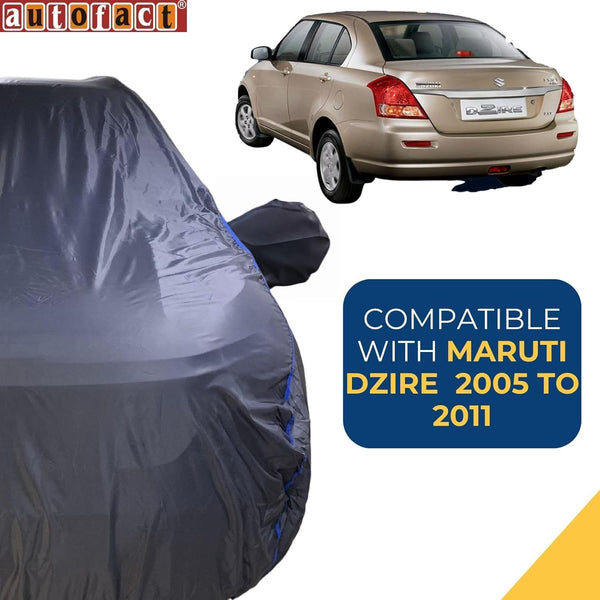 Autofact Swift Dzire Old Model Car Cover - CoreProtect - Water Resistant Car Body Cover for Maruti Swift Dzire Old Model - With Mirror Pockets, Triple Stitched, Bottom Fully Elastic, Adjustable Belt and Buckle (Grey 210D)