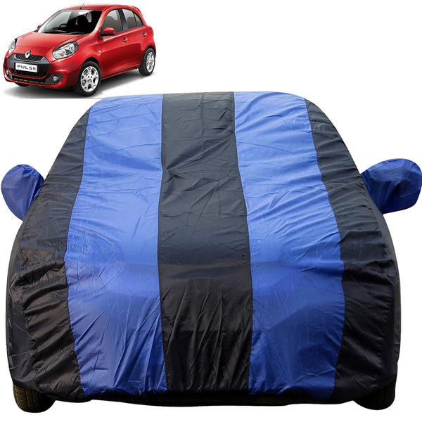 Autofact Pulse Car Cover - EasyShield - Car Body Cover for Renaults Pulse - With Mirror Pockets, Triple Stitched, Bottom Fully Elastic, Adjustable Belt and Buckle (Royal Blue Stripes)