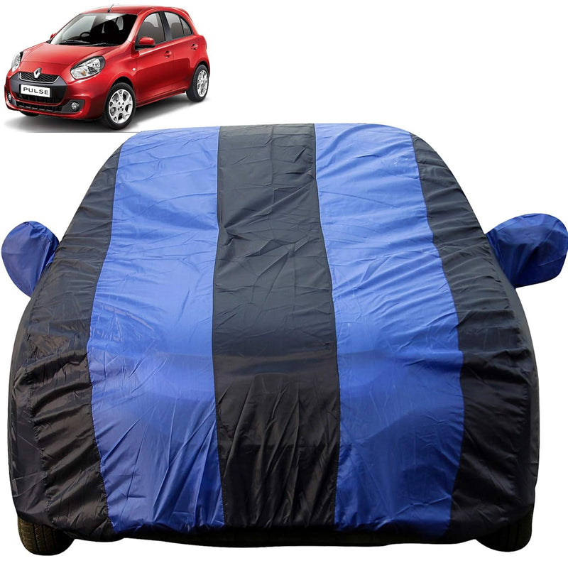 Autofact Pulse Car Cover - EasyShield - Car Body Cover for Renaults Pulse - With Mirror Pockets, Triple Stitched, Bottom Fully Elastic, Adjustable Belt and Buckle (Royal Blue Stripes)
