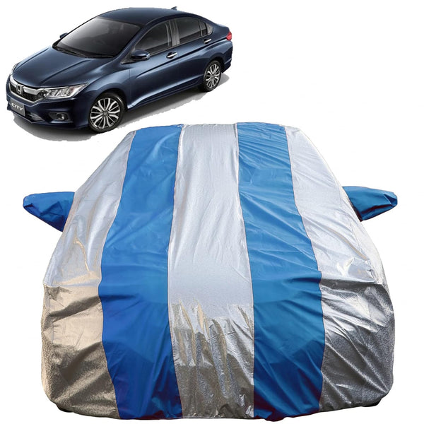 Autofact City Idtech Car Cover - FlexGuard - Waterproof Car Body Cover for Honda City Idtech - With Mirror Pockets, Triple Stitched, Bottom Fully Elastic, Adjustable Belt and Buckle (Silver / Blue Stripes)